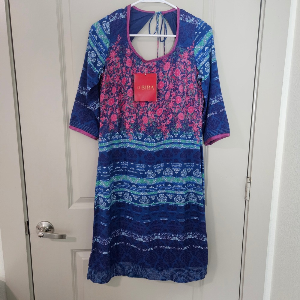 BIBA Blue Pink Floral Print Kurta Tunic Dress Keyhole Back Tassels Size 34 M NEW